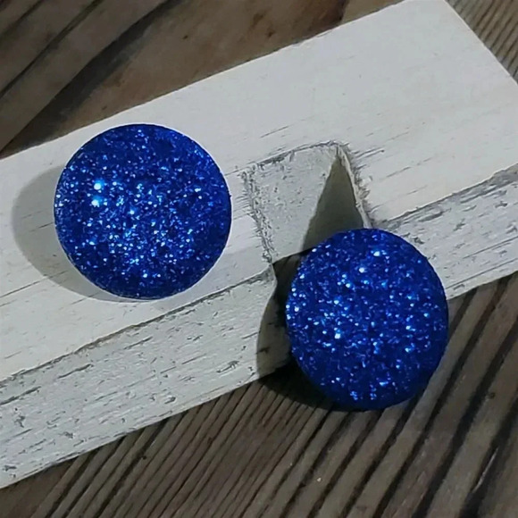 Retro 80s Club Glam Disco Sparkly Cobalt Blue Fabric Button Earrings - Picture 9 of 10
